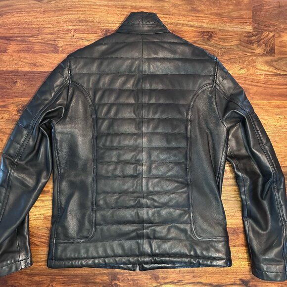 Quilted 100% Lambskin Black Leather Moto Jacket by: PINOPORTE, Men Size Medium - Picture 3 of 6